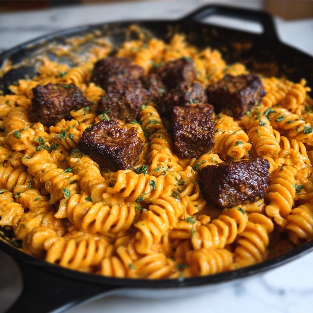 Cheesy Spicy Cajun Steak & Pasta Skillet Recipe - Recipe Image