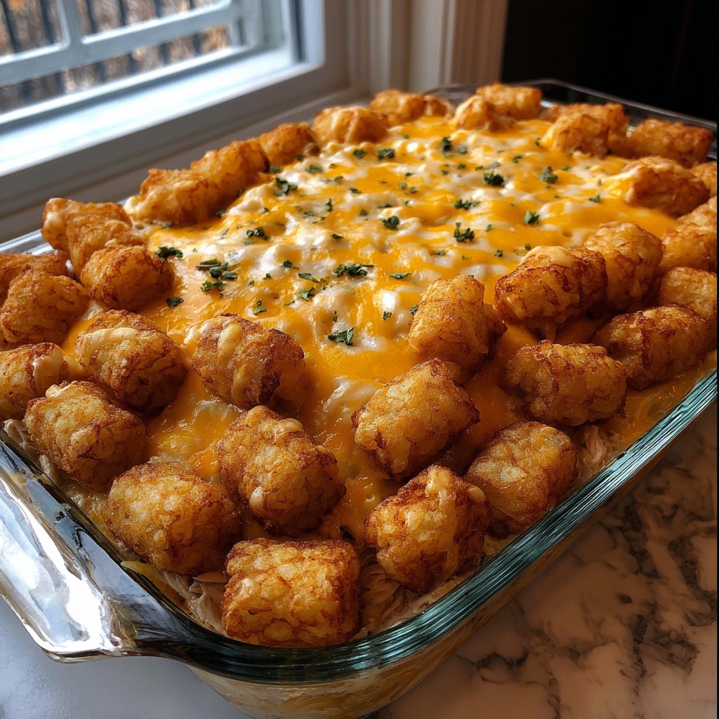 Crockpot Cheesy Chicken Tater Tot Casserole Recipe - Recipe Image