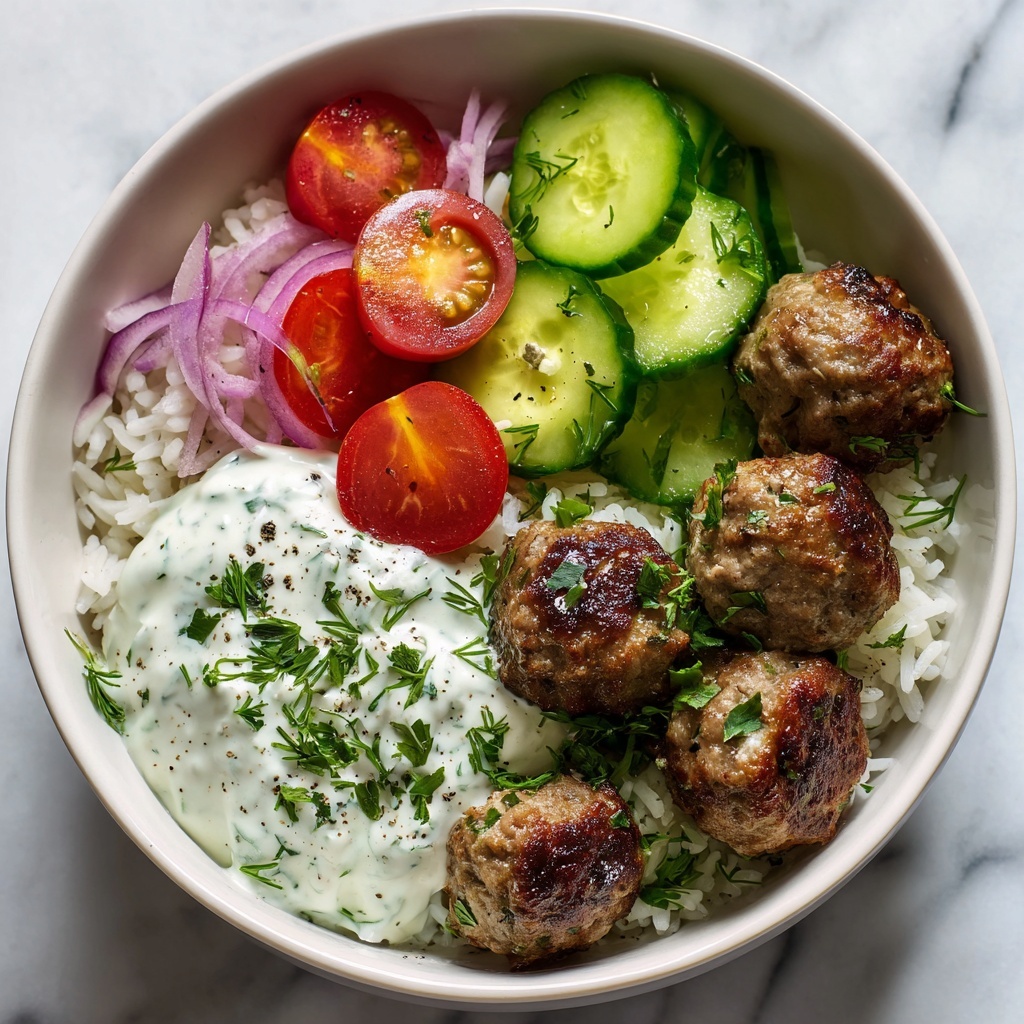 Greek Meatball Bowl with Tzatziki, Rice & Fresh Veggies Recipe - Recipe Image
