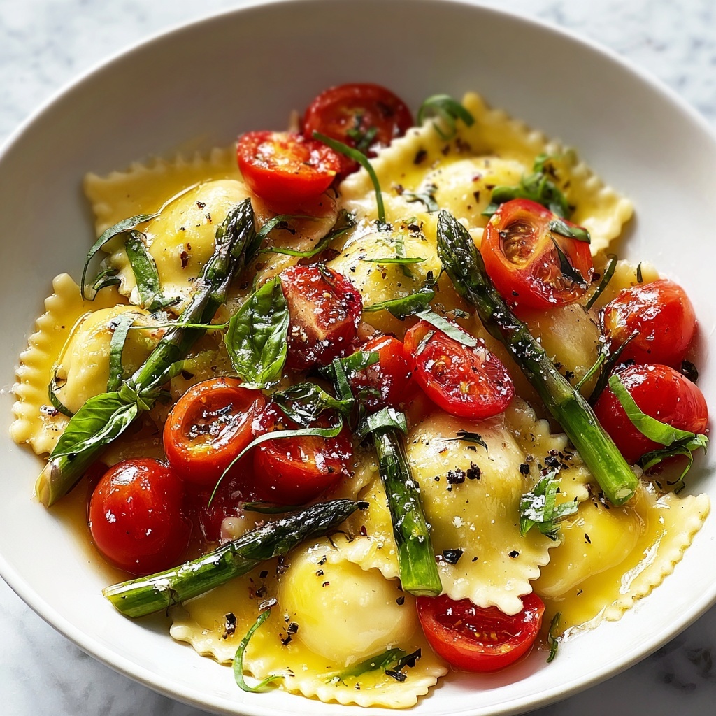 Ravioli with Cherry Tomatoes, Asparagus, Garlic, and Fresh Herbs Recipe - Recipe Image