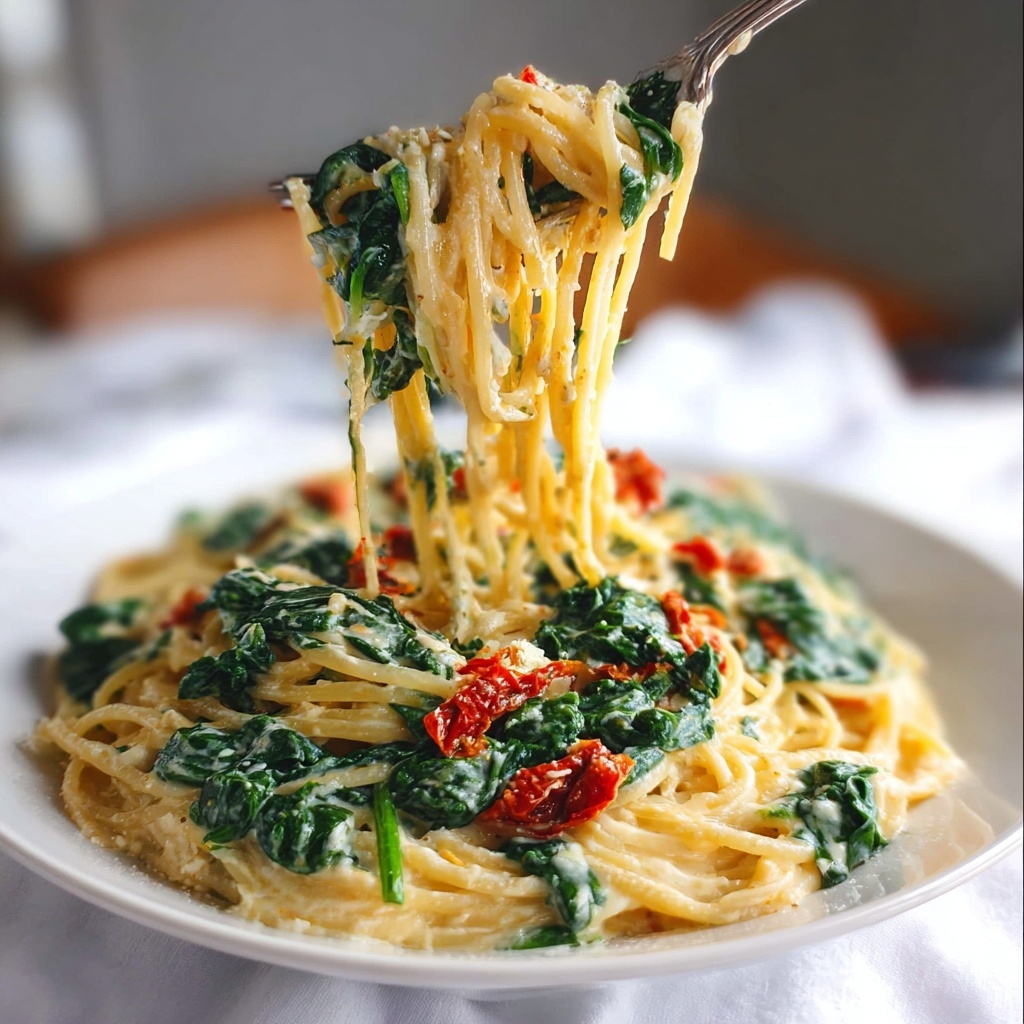 Spaghetti Spinach with Sun-Dried Tomato Cream Sauce Recipe - Recipe Image