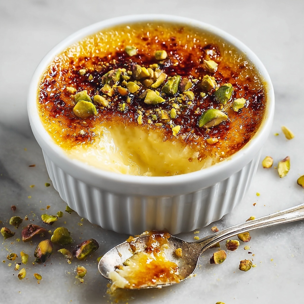 White Chocolate Lavender Brûlée with Pistachio Crunch Recipe - Recipe Image