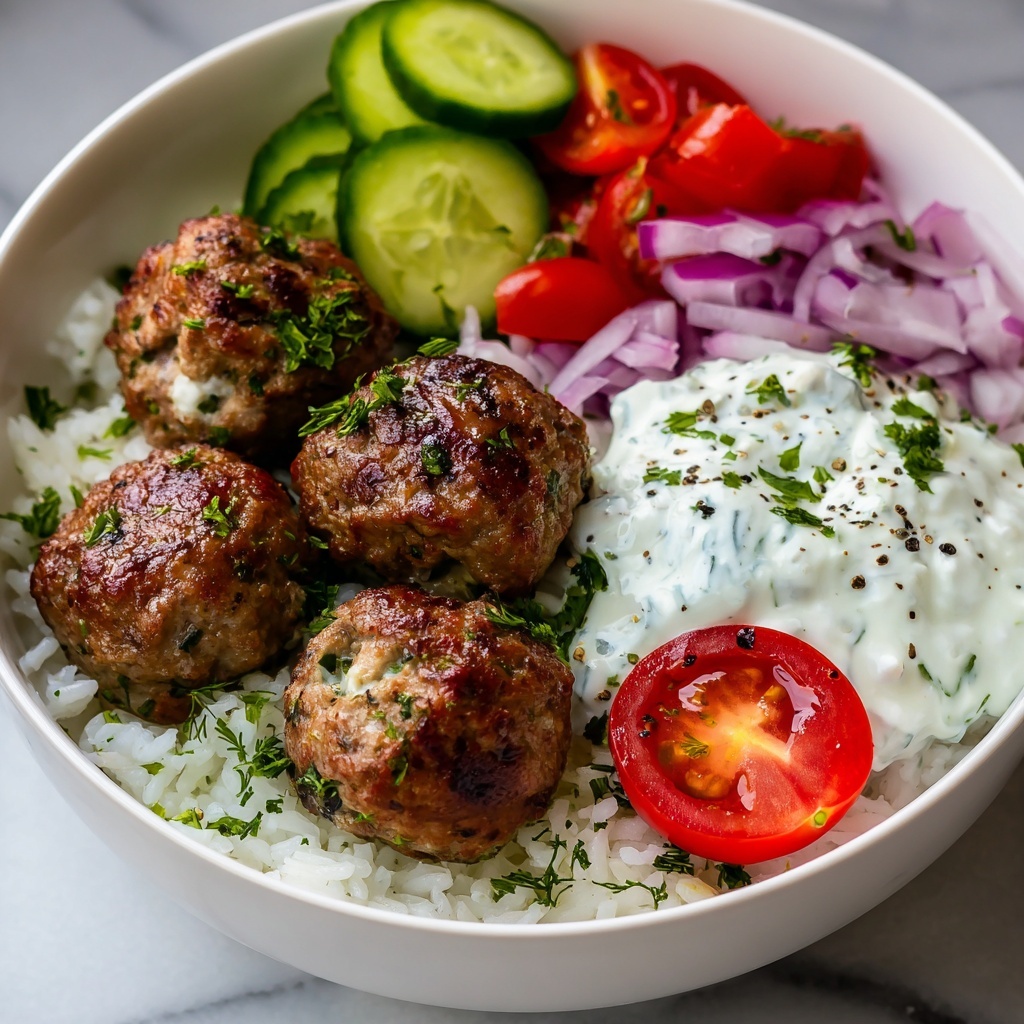 Greek Meatball Bowl with Tzatziki, Rice & Fresh Veggies Recipe - Recipe Image