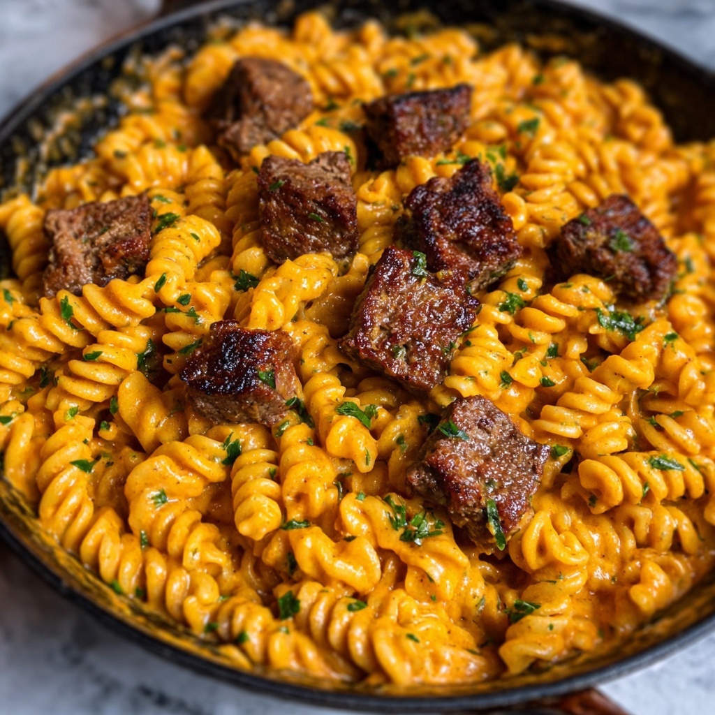 Cheesy Spicy Cajun Steak & Pasta Skillet Recipe - Recipe Image