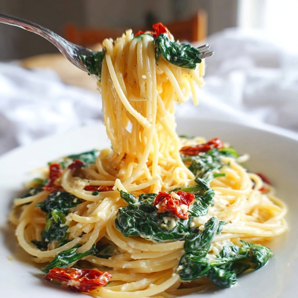 Spaghetti Spinach with Sun-Dried Tomato Cream Sauce Recipe - Recipe Image