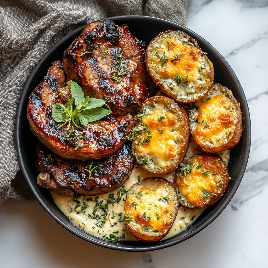 Garlic Butter Pork Chops with Cheesy Potato Bake Recipe - Recipe Image