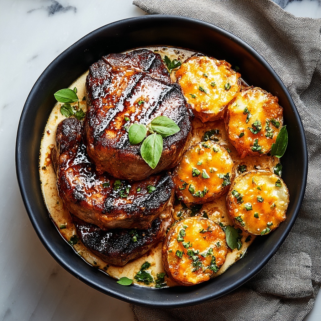 Garlic Butter Pork Chops with Cheesy Potato Bake Recipe - Recipe Image